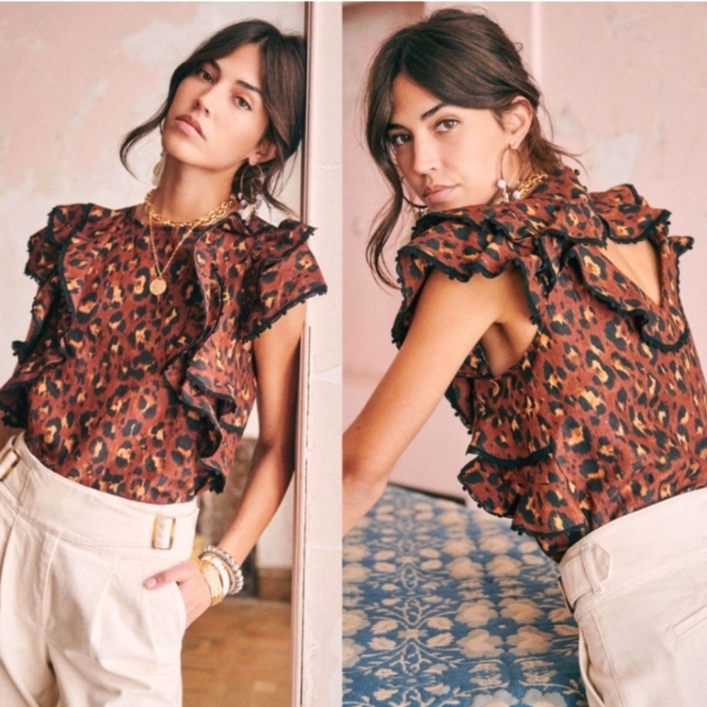 Sezane Brown Leopard Ruffle Blouse